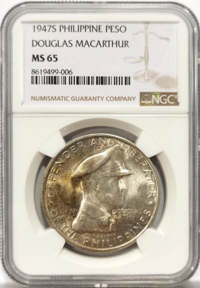 博洋堂世界钱币拍卖第151期（全场包邮） - NGC MS65 1947年菲律宾麦克阿瑟纪念1比索大银币，双面车轮转光，带漂亮淡彩，该品种带彩少见。