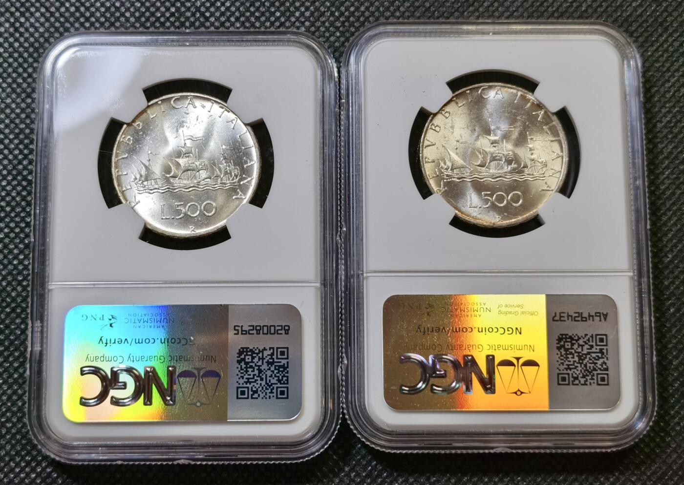 甄臻铺-世界币章拍卖（第43期）送拍享返佣金等优惠多多 NGC-MS63 1967年意大利帆船少女，两枚一组卷拆，严重低评