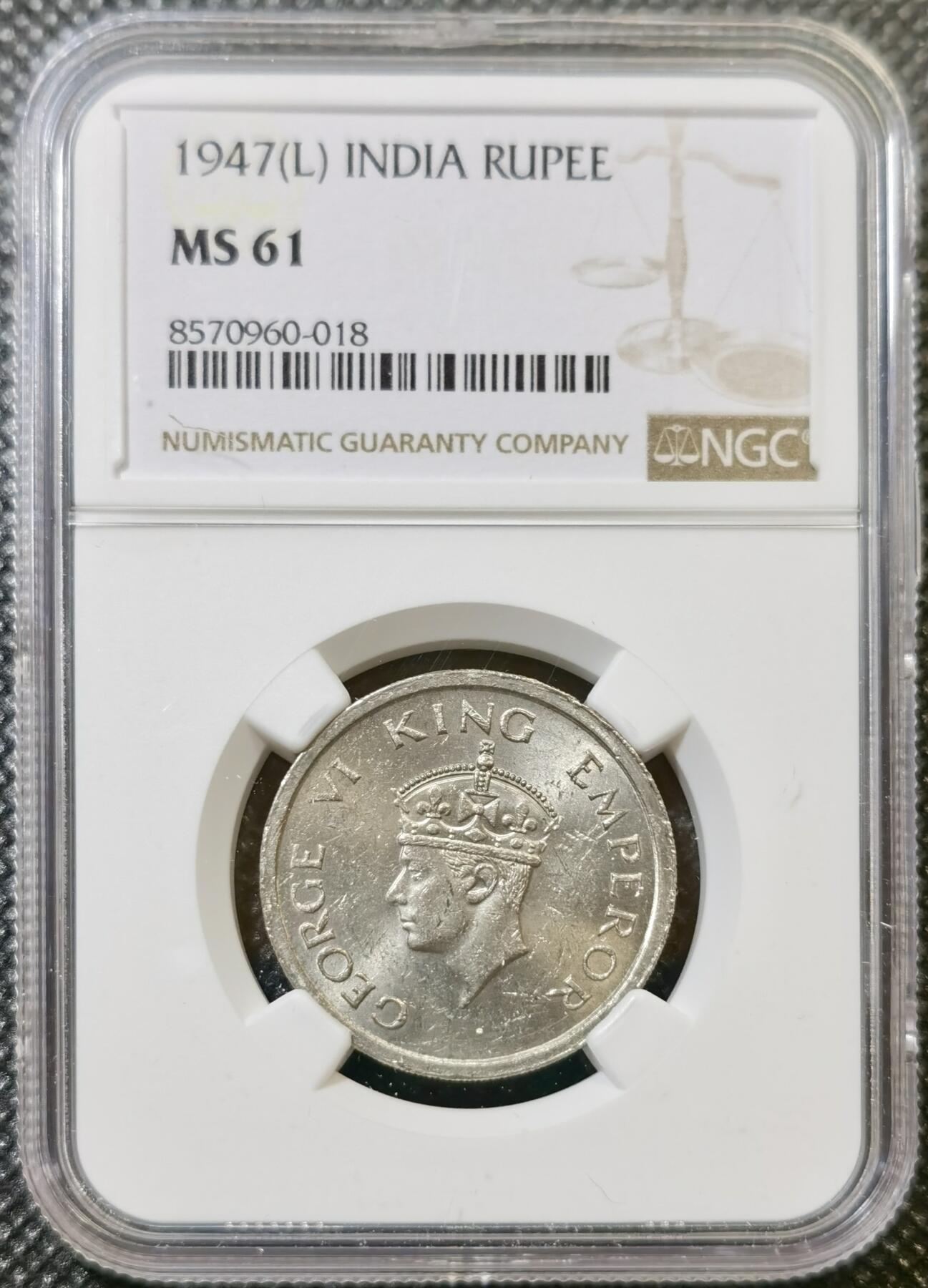甄臻铺-世界币章拍卖（第43期）送拍享返佣金等优惠多多 NGC-MS61印度1947-L一卢比，印度独立的首年卢比，品相状态很好