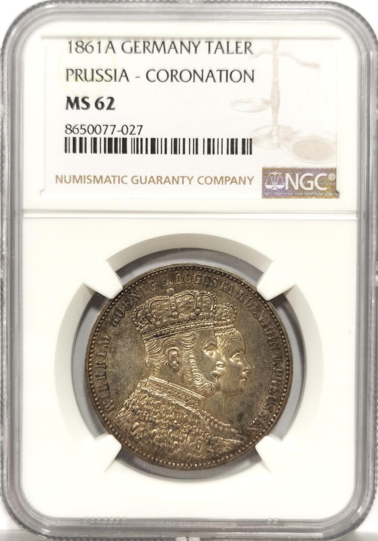 博洋堂世界钱币拍卖第151期（全场包邮） NGC MS62 德国普鲁士1861年威廉一世登基纪念1泰克银币 浅黄彩