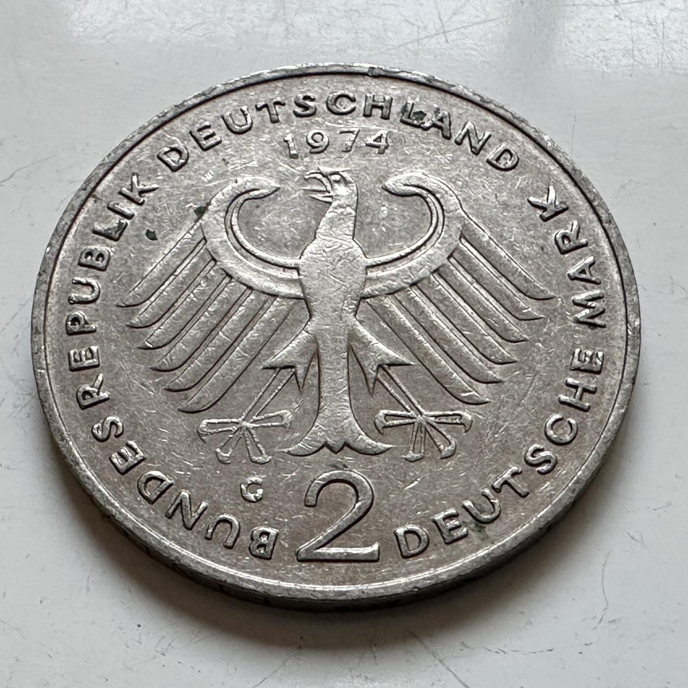🌹外币初藏🌹🐯2025年第140场  每周二四六晚8️⃣点 接代拍 德国1974年G版 2马克 阿登纳