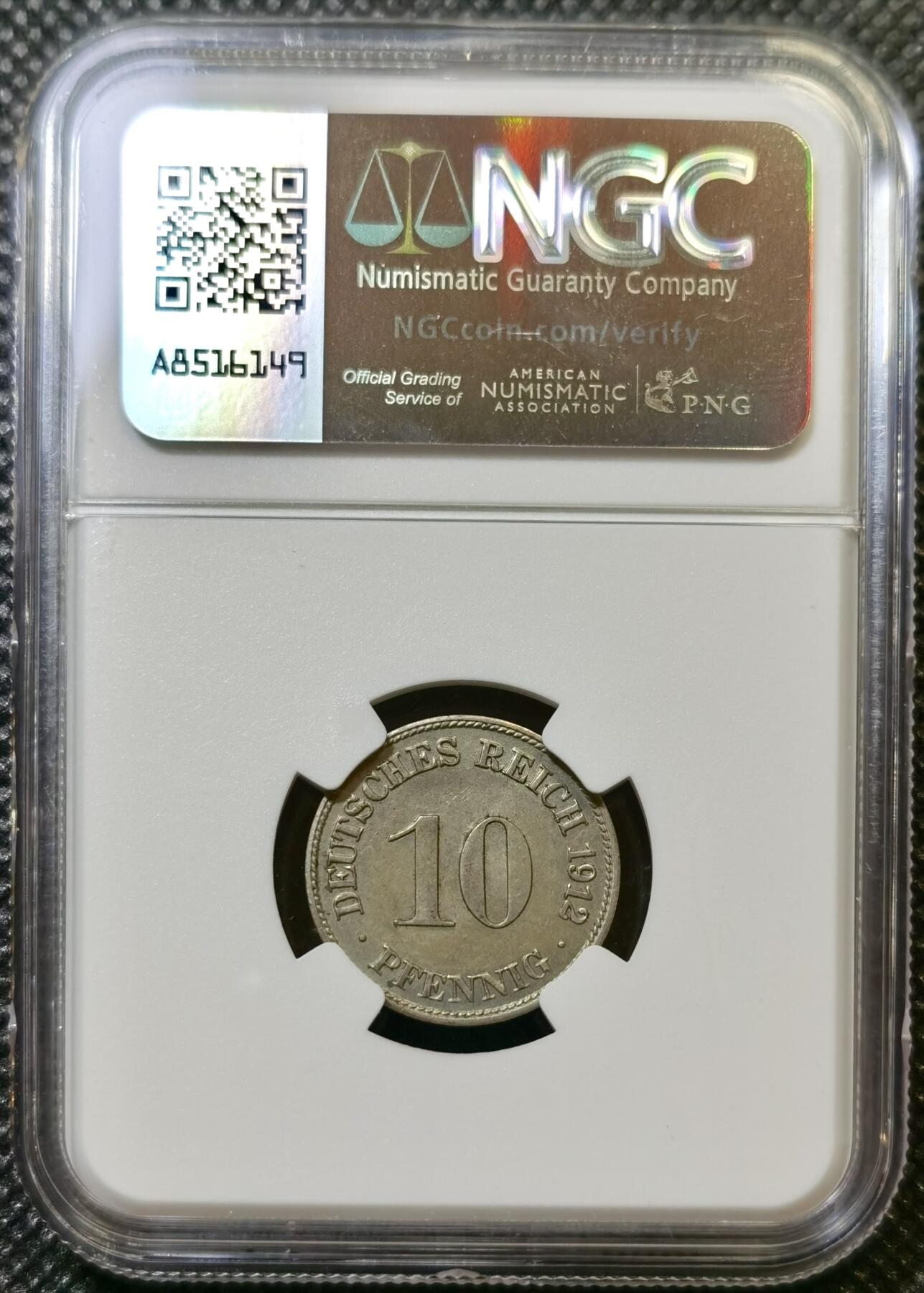 甄臻铺-世界币章拍卖（第43期）送拍享返佣金等优惠多多 NGC-UNCD 德国1912-D版10芬尼，未流通品相好，仅有一点脏可以自行去除