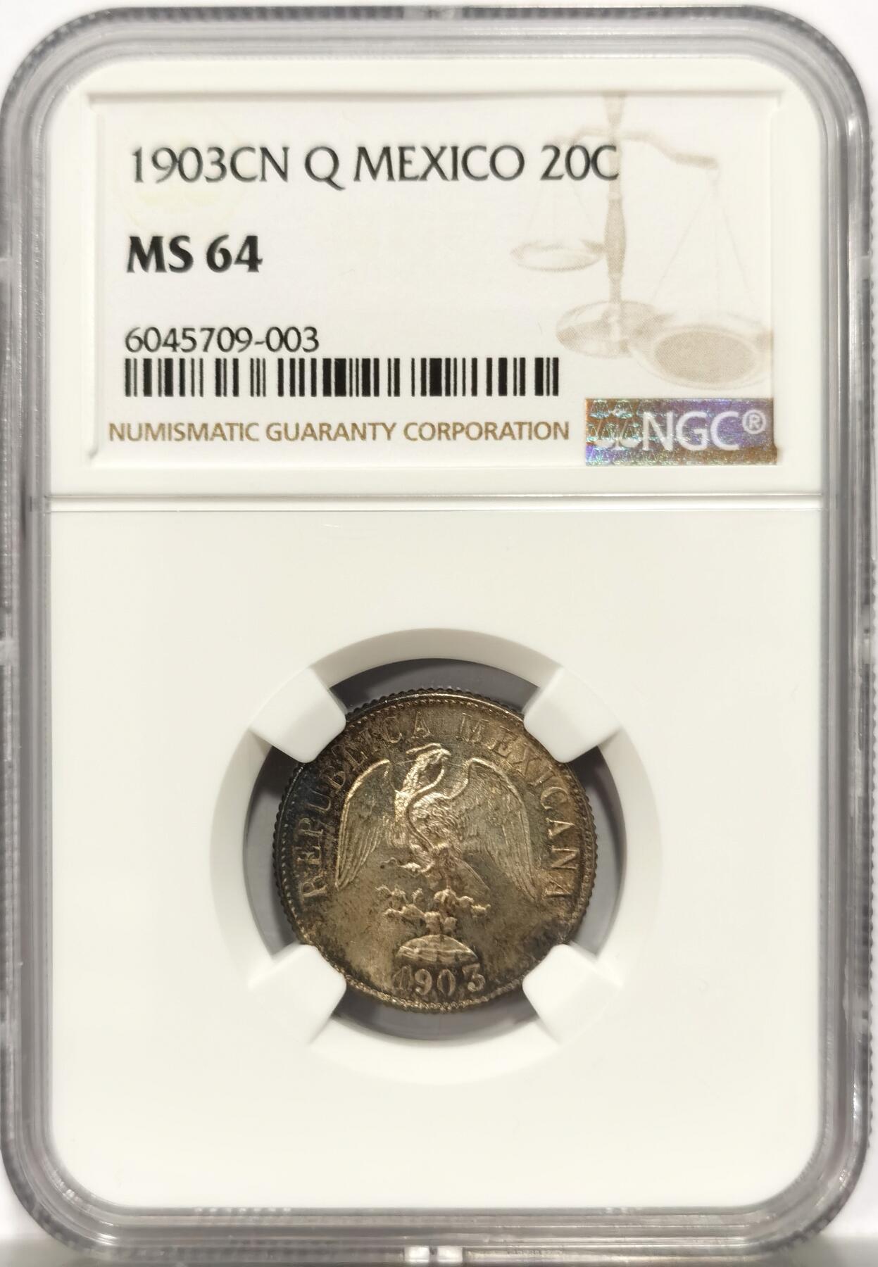 博洋堂世界钱币拍卖第151期（全场包邮） NGC MS64 墨西哥1903年CN-Q版鹰洋20分 少见品种 五彩转光 视觉效果极佳 更高分仅4枚