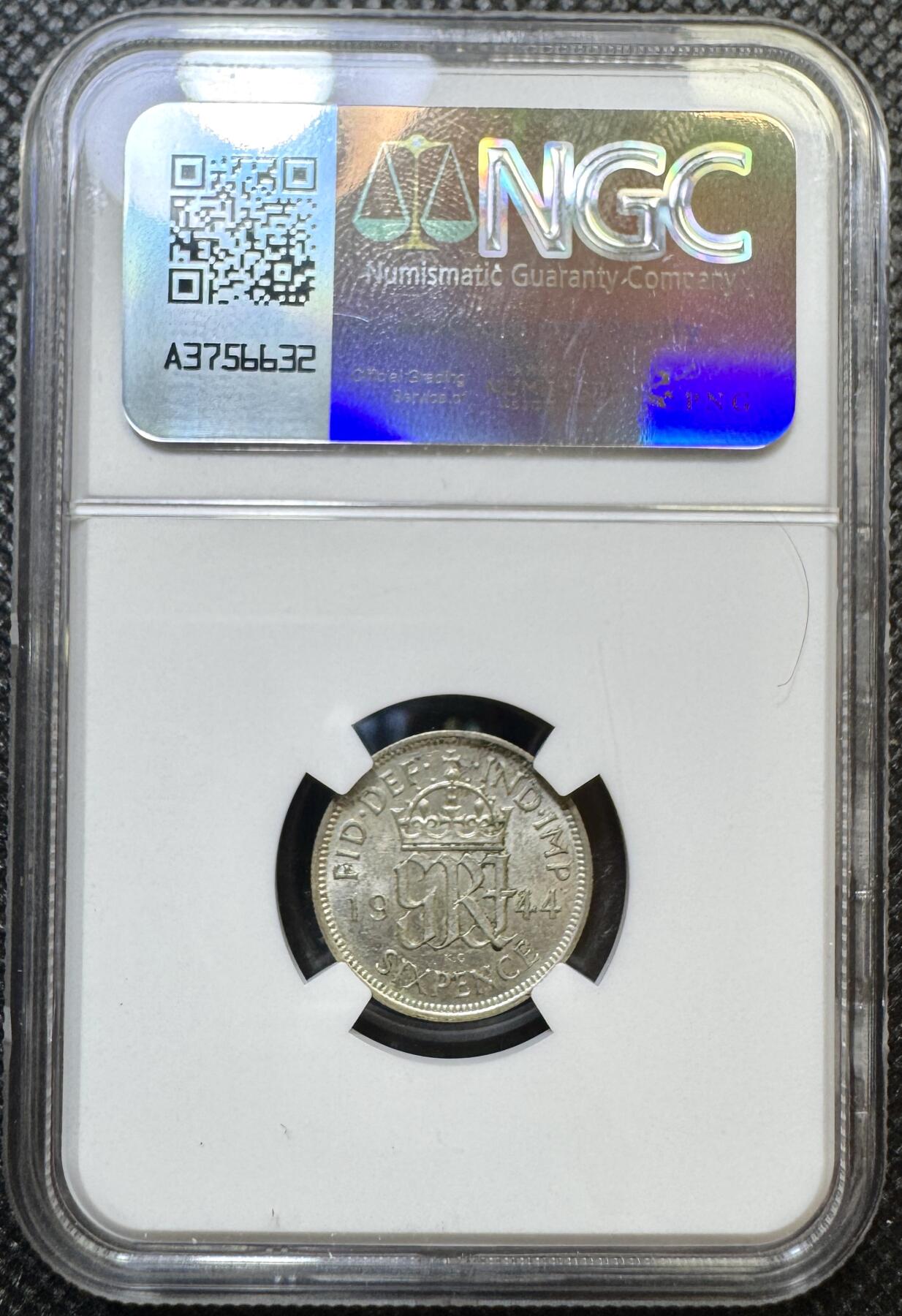 甄臻铺-世界币章拍卖（第43期）送拍享返佣金等优惠多多 NGC-MS62 英国1944年乔治六世六便士银币，UNC美品，爱情幸运币寓意好，可藏状态