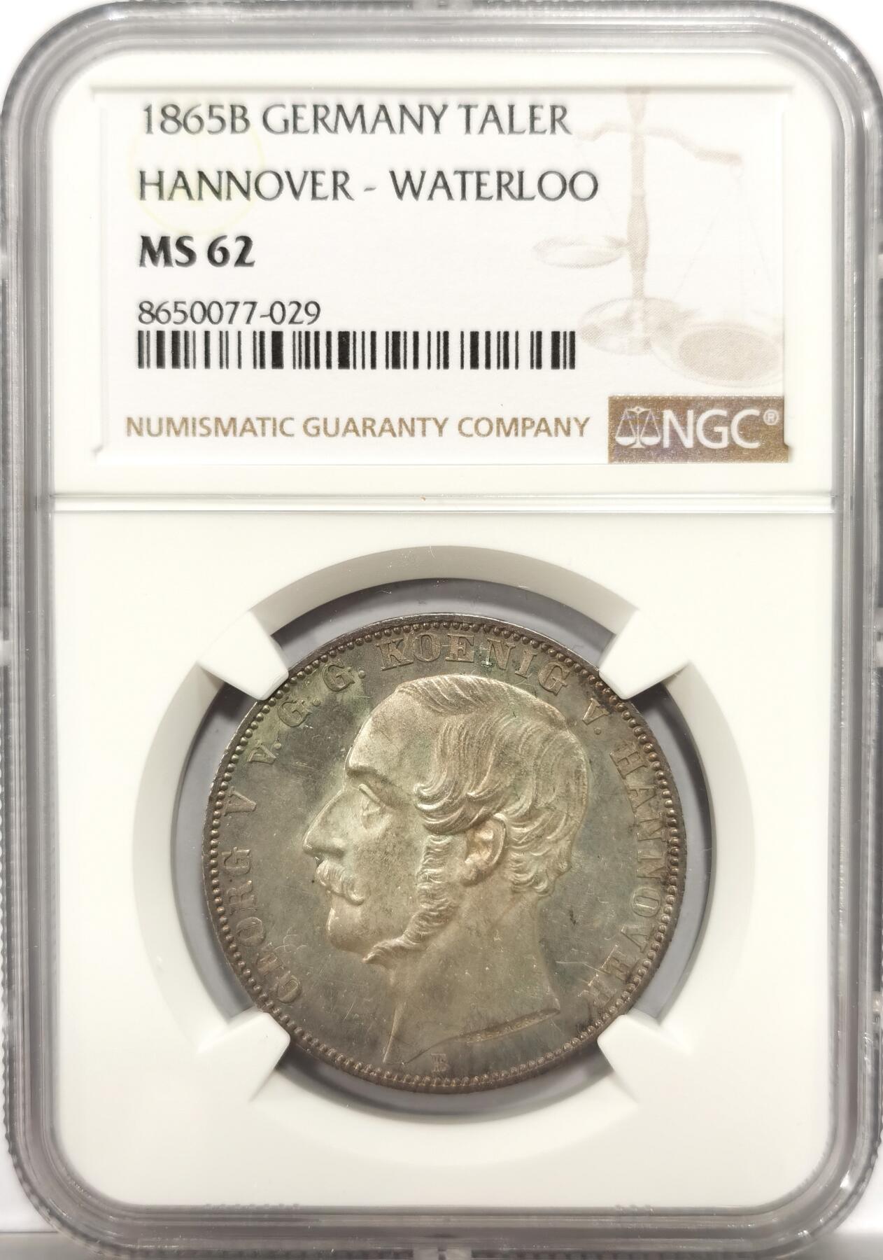 博洋堂世界钱币拍卖第151期（全场包邮） NGC MS62 德国汉诺威1865年滑铁卢战役纪念1泰勒银币