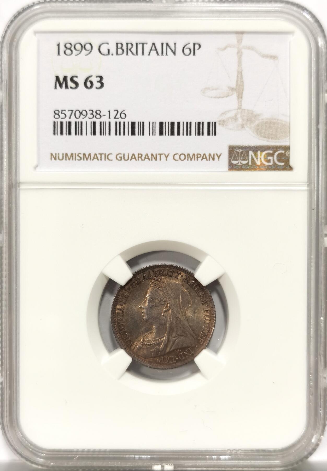 博洋堂世界钱币拍卖第151期（全场包邮） NGC MS63 英国1899年维多利亚披纱6便士银币五彩