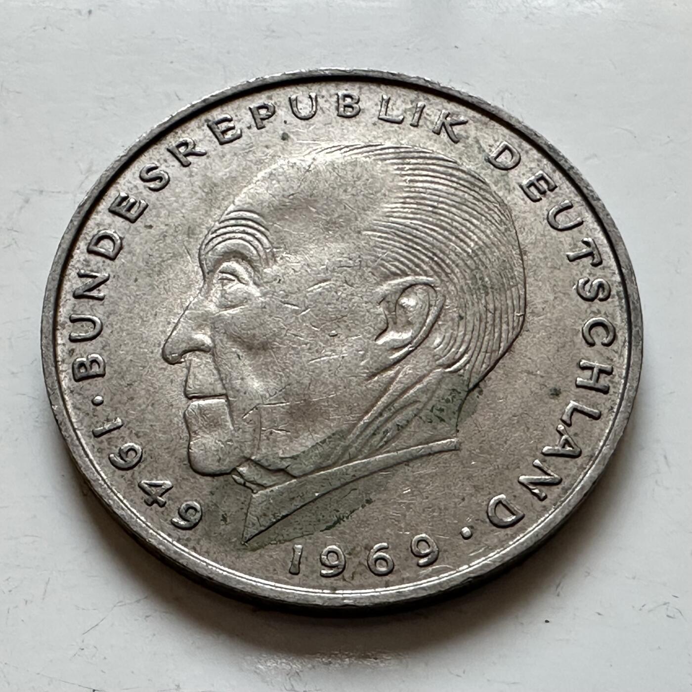 🌹外币初藏🌹🐯2025年第140场  每周二四六晚8️⃣点 接代拍 德国1973年D版 2马克 阿登纳