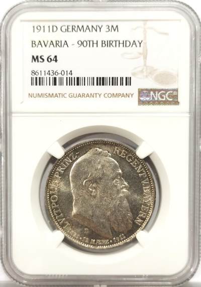 博洋堂世界钱币拍卖第151期（全场包邮） - NGC MS64 德国巴伐利亚1911年柳特波德寿辰纪念3马克银币