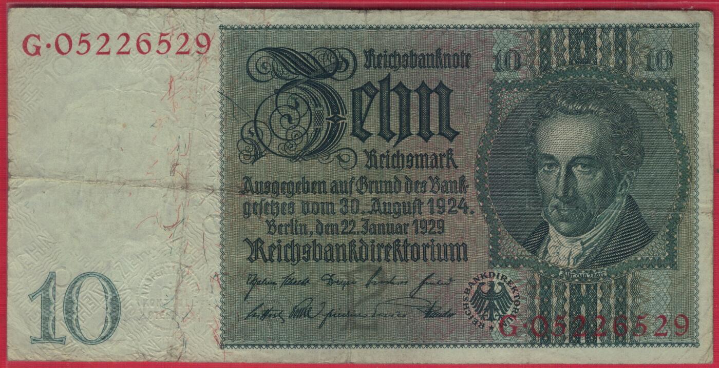 德国1929年10马克 P-180a 头像水印 无47 加盖字母P 实物图 八五品