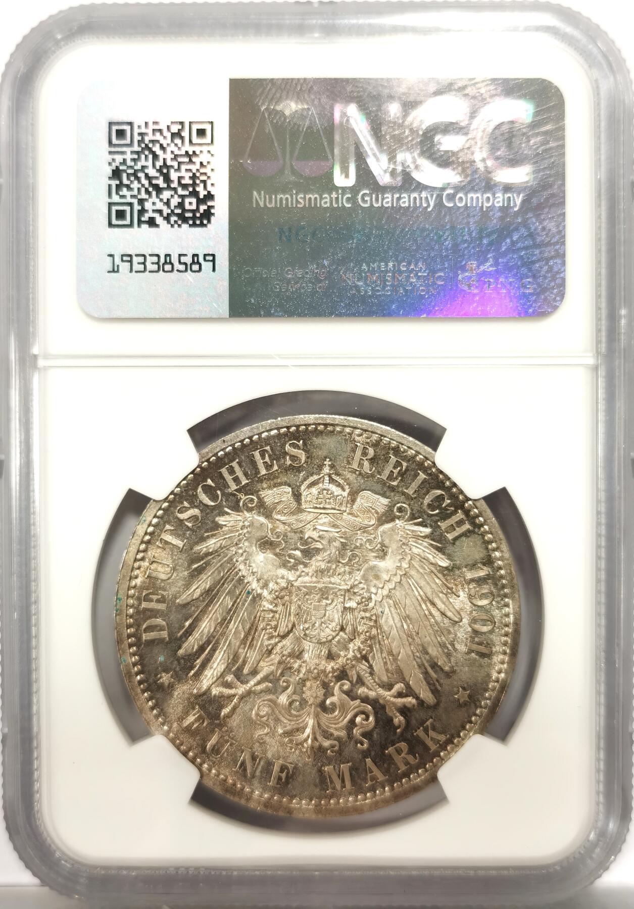 博洋堂世界钱币拍卖第151期（全场包邮） NGC MS64 德国普鲁士1901年建国纪念5马克银币 自然彩强转光