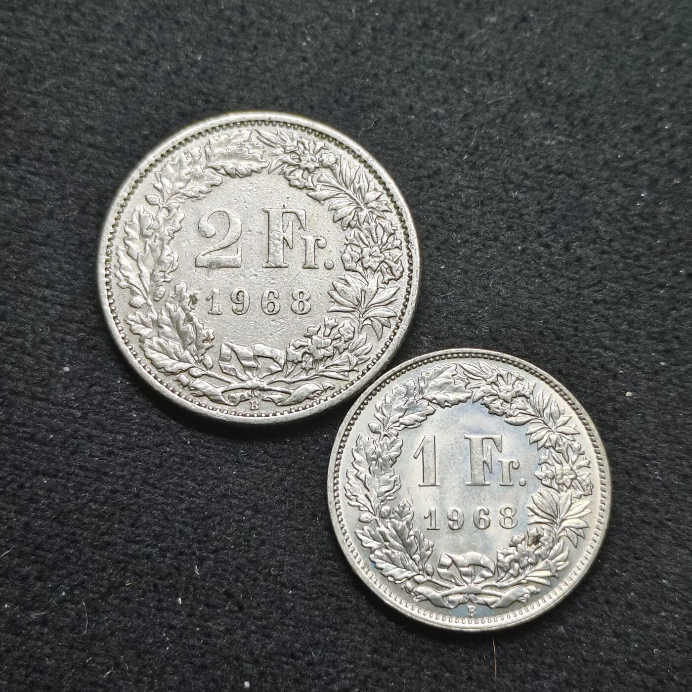 【全场包邮】纯粹捡漏拍484场（免费代拍第21场） 瑞士1968年1-2法郎2枚一组