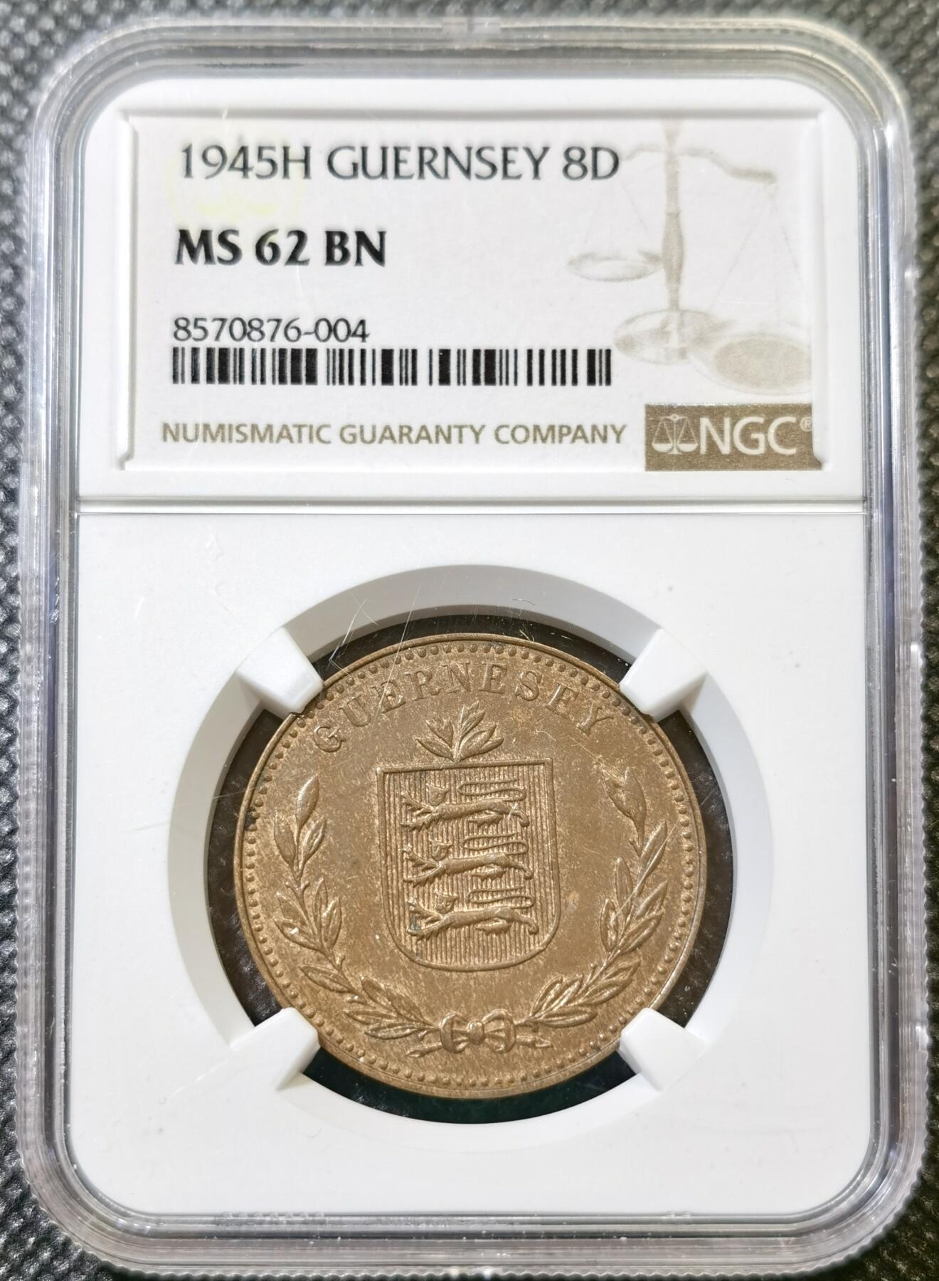 甄臻铺-世界币章拍卖（第43期）送拍享返佣金等优惠多多 NGC-MS62BN 英属泽西岛1945 1/12先令铜币，温润状态，比本土便士少见的多