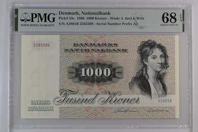 《艾美收藏》第224期-12.14周日外币超白金场 - 丹麦1980年A3冠1000克朗最高值PMG68E超高分无47 更高分仅2张 名誉品大松鼠 顶级雕刻 栩栩如生 Pick#53c