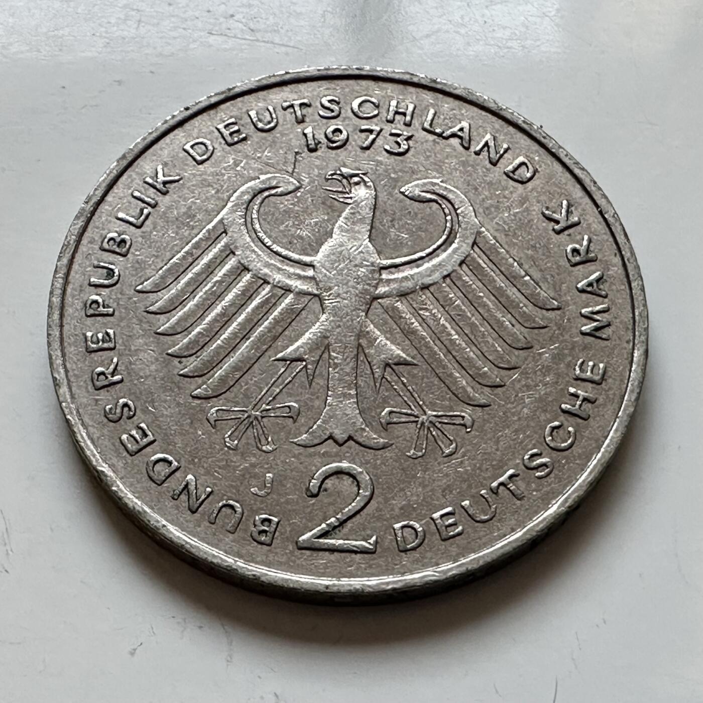 🌹外币初藏🌹🐯2025年第140场  每周二四六晚8️⃣点 接代拍 德国1973年J版 2马克 阿登纳