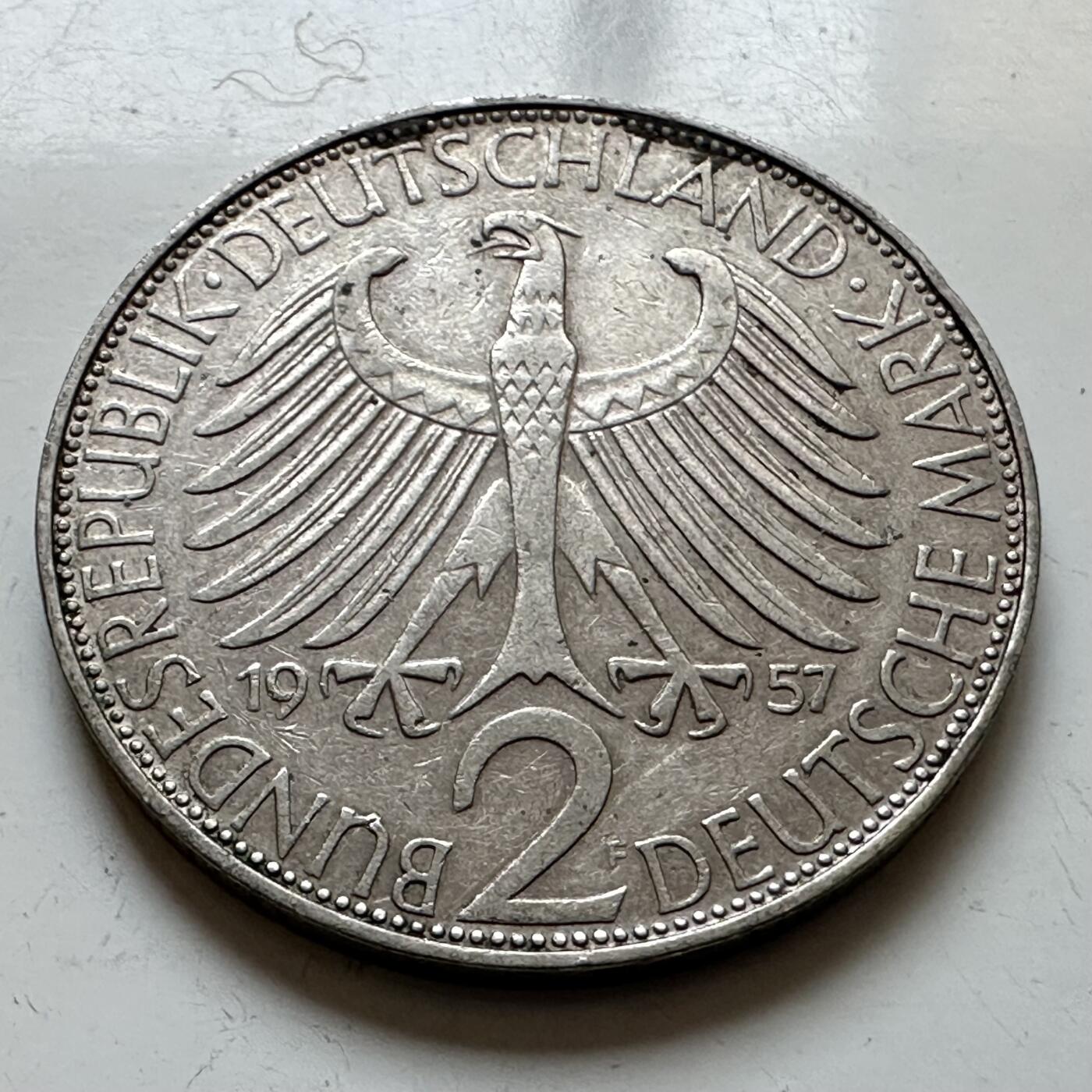 🌹外币初藏🌹🐯2025年第140场  每周二四六晚8️⃣点 接代拍 德国1957年F版 2马克 普朗克