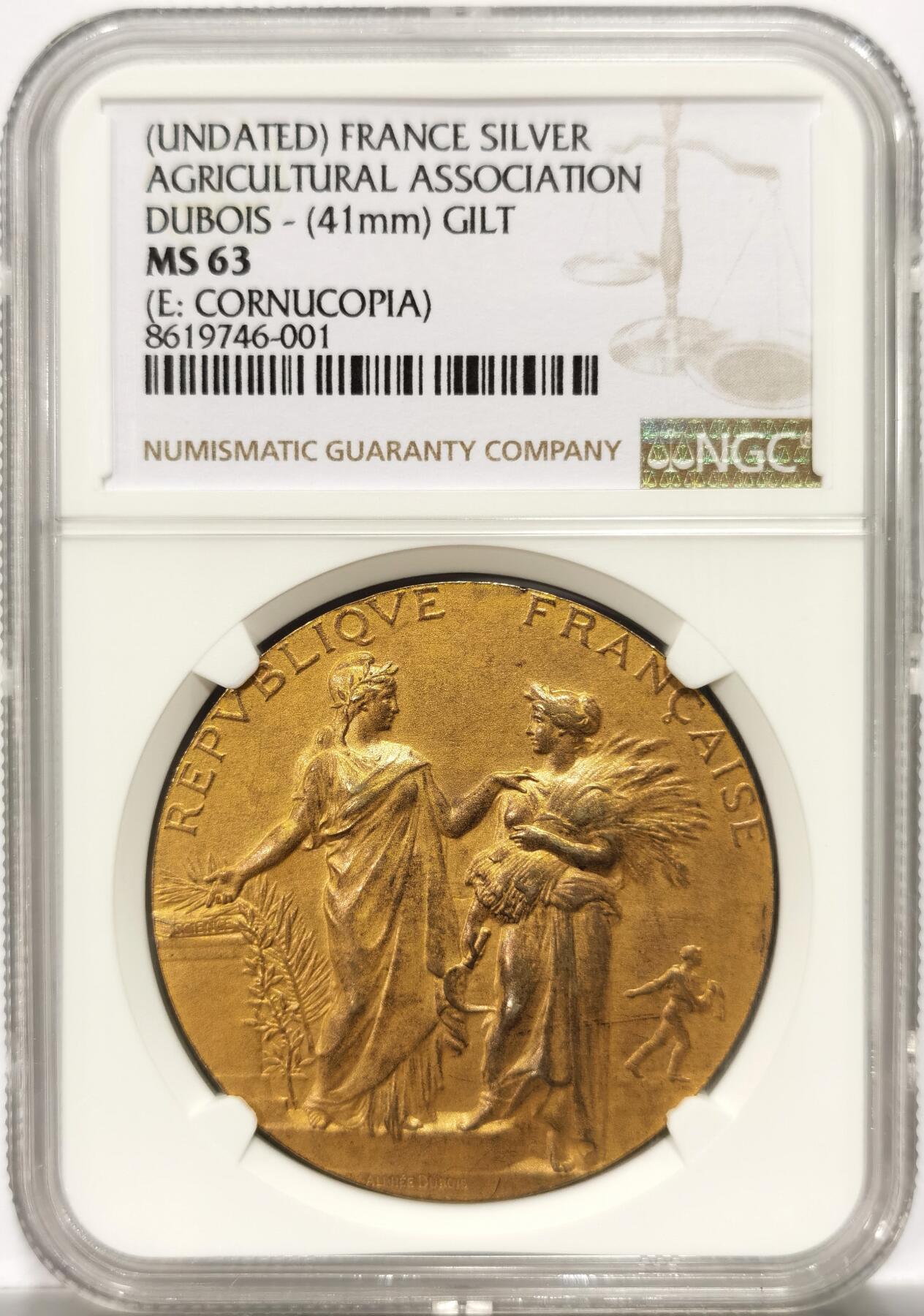 博洋堂世界钱币拍卖第151期（全场包邮） NGC MS63 法国1910年左右农业博览会银镀金大银章。经典农业女神和播种者构图。二战前银章基本上都是1ER一等奖奖章。能保存63分极其不易，白银大涨现在裸章品相不行的银章都越来越贵！