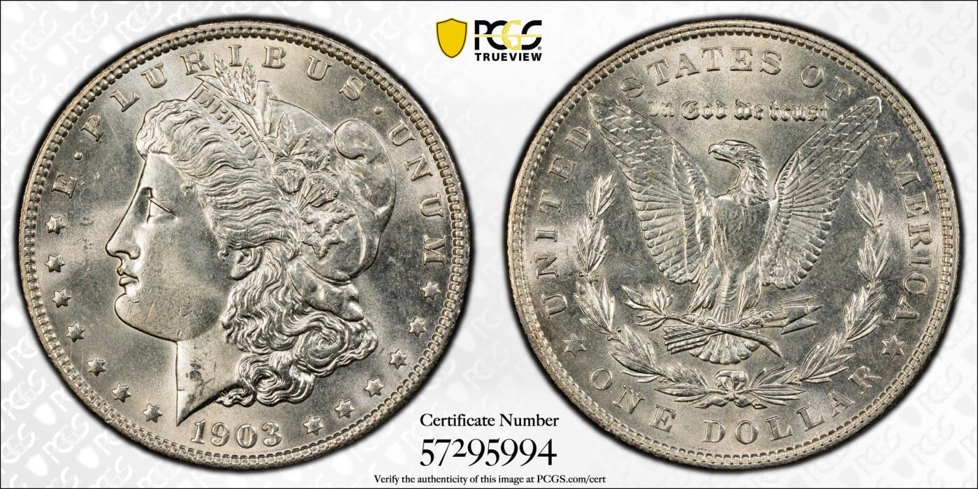 博洋堂藏家专场系列之美国钱币白金之夜专场②暨第152期（全场包邮）  PCGS MS64 美国1903 摩根 此年超过95%的产量在原封币袋中就被销毁 因此这个本应常见的年份 其未流通品相意外地变得极其稀有和珍贵 此枚铸打精美 十字转光 收藏好品-1