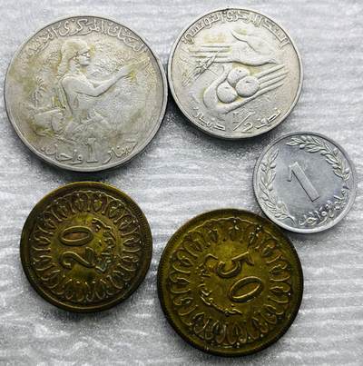 文馨钱币收藏第 284 场，【 长期接收代拍品】老藏家拍品南朝鲜李承晚时期货币，泰国大型纪念币，土耳其各时期及各国套币场 - 好品突尼斯 5 枚套