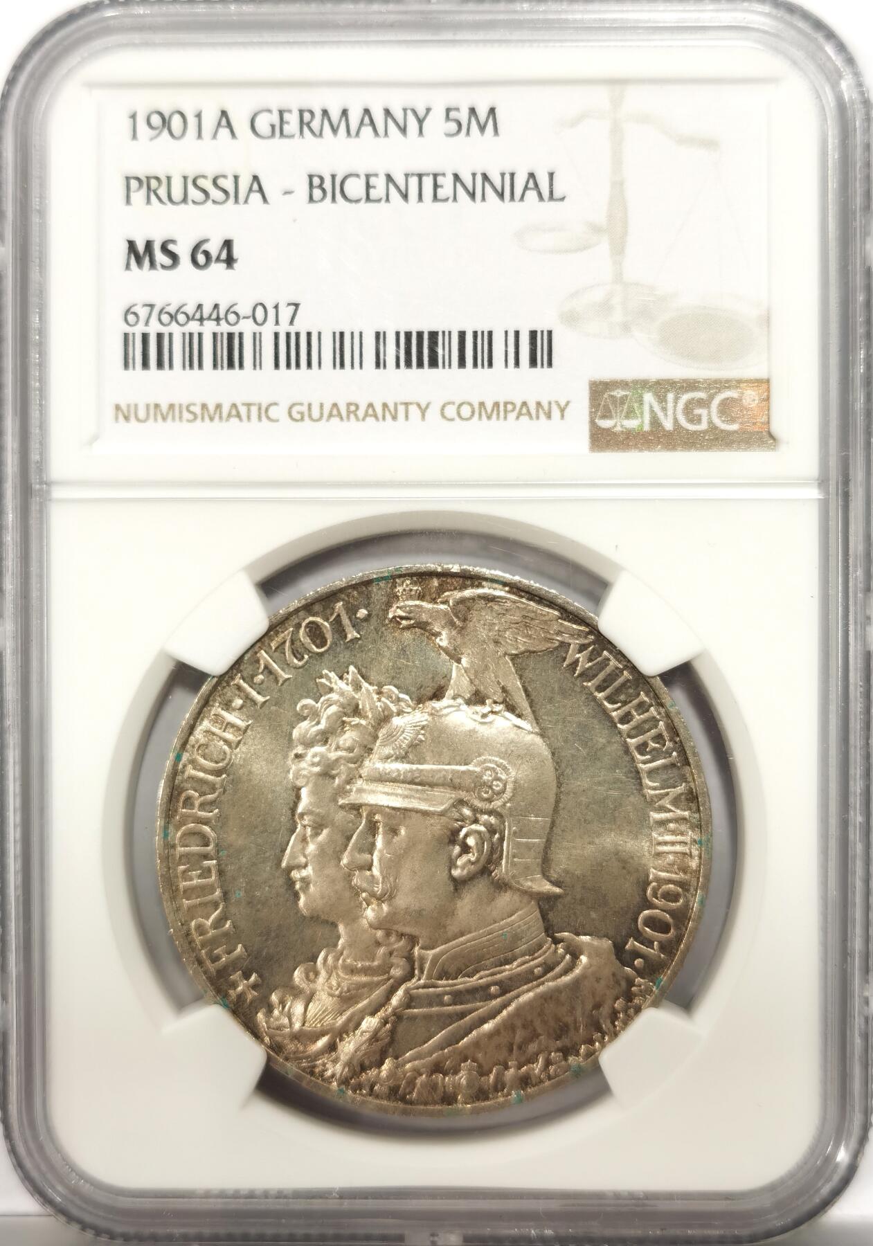 博洋堂世界钱币拍卖第151期（全场包邮） NGC MS64 德国普鲁士1901年建国纪念5马克银币 自然彩强转光
