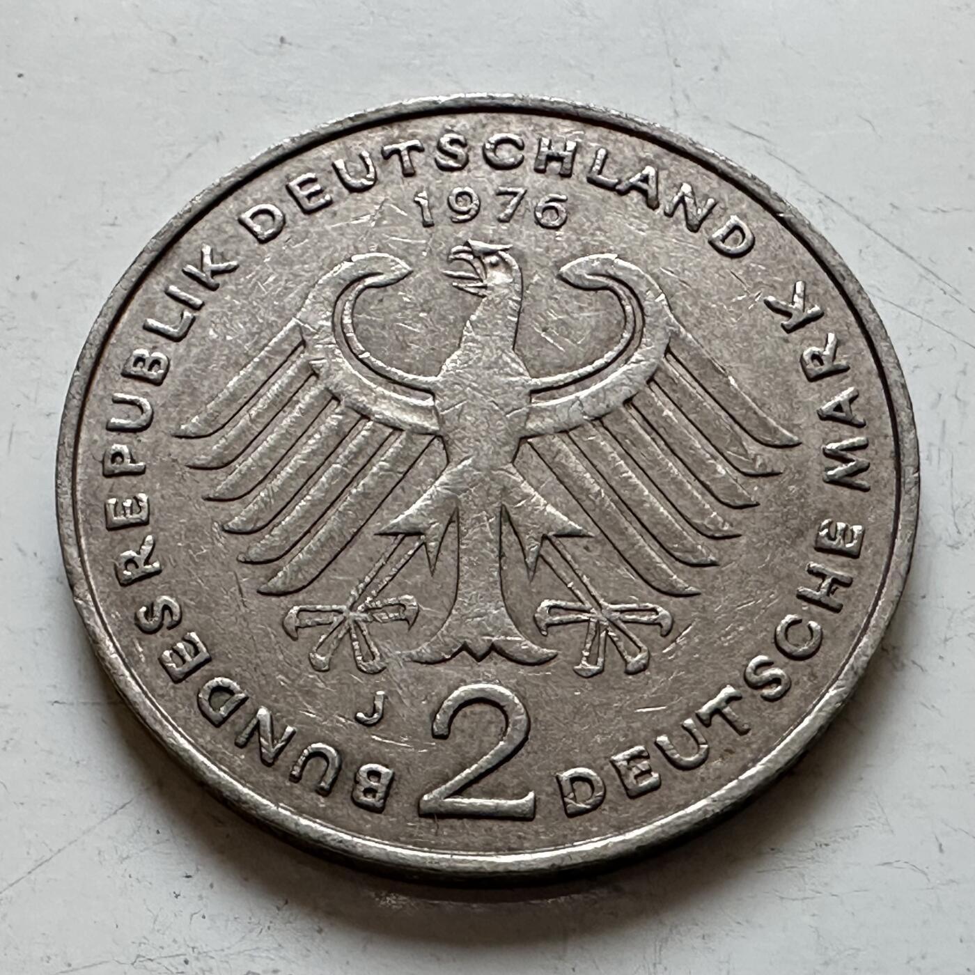 🌹外币初藏🌹🐯2025年第140场  每周二四六晚8️⃣点 接代拍 德国1976年J版 2马克 阿登纳