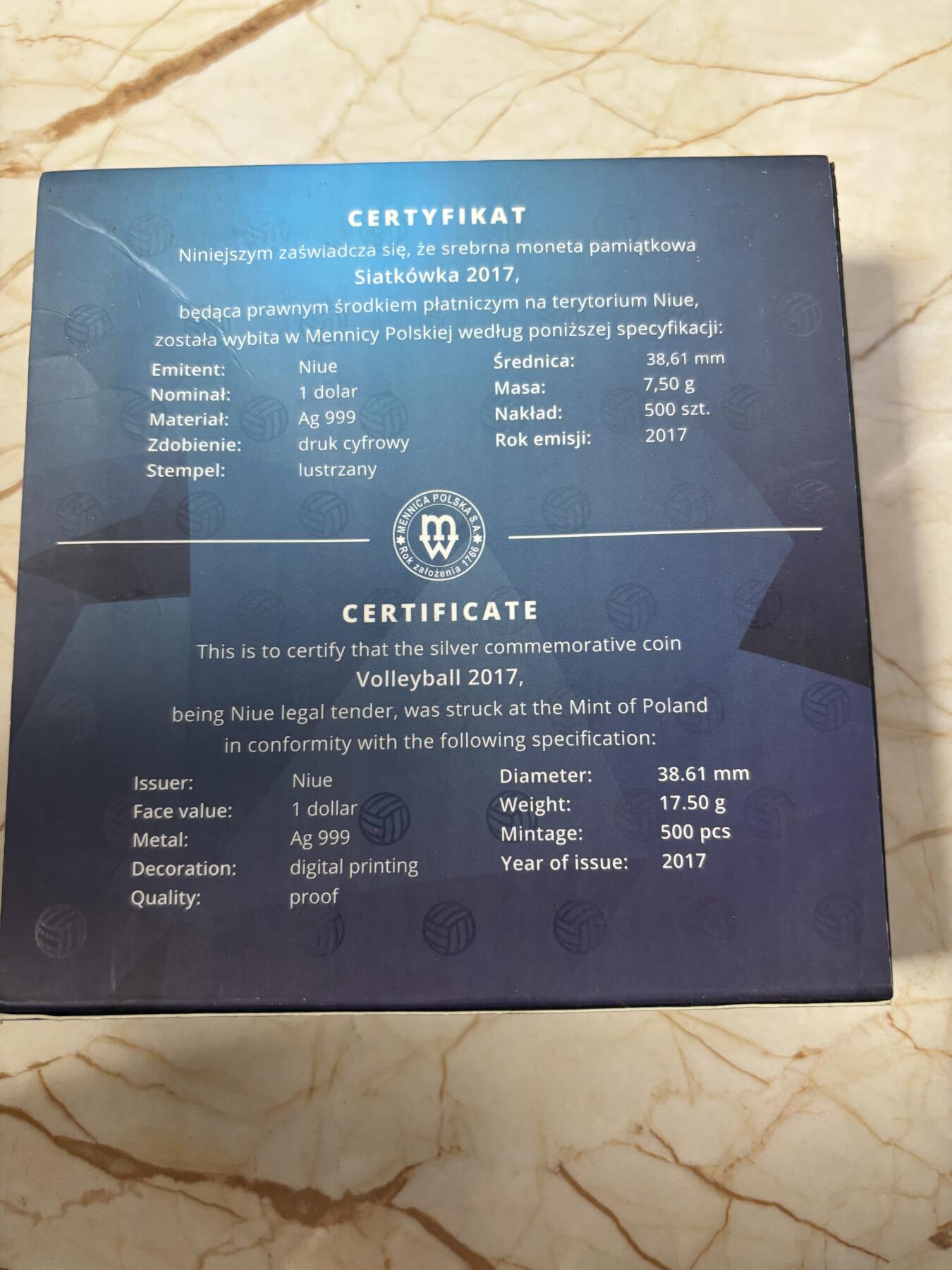 第185期拍卖 纽埃2017年体育运动项目排球彩色精制纪念银币，925银，17.5克，发行999枚