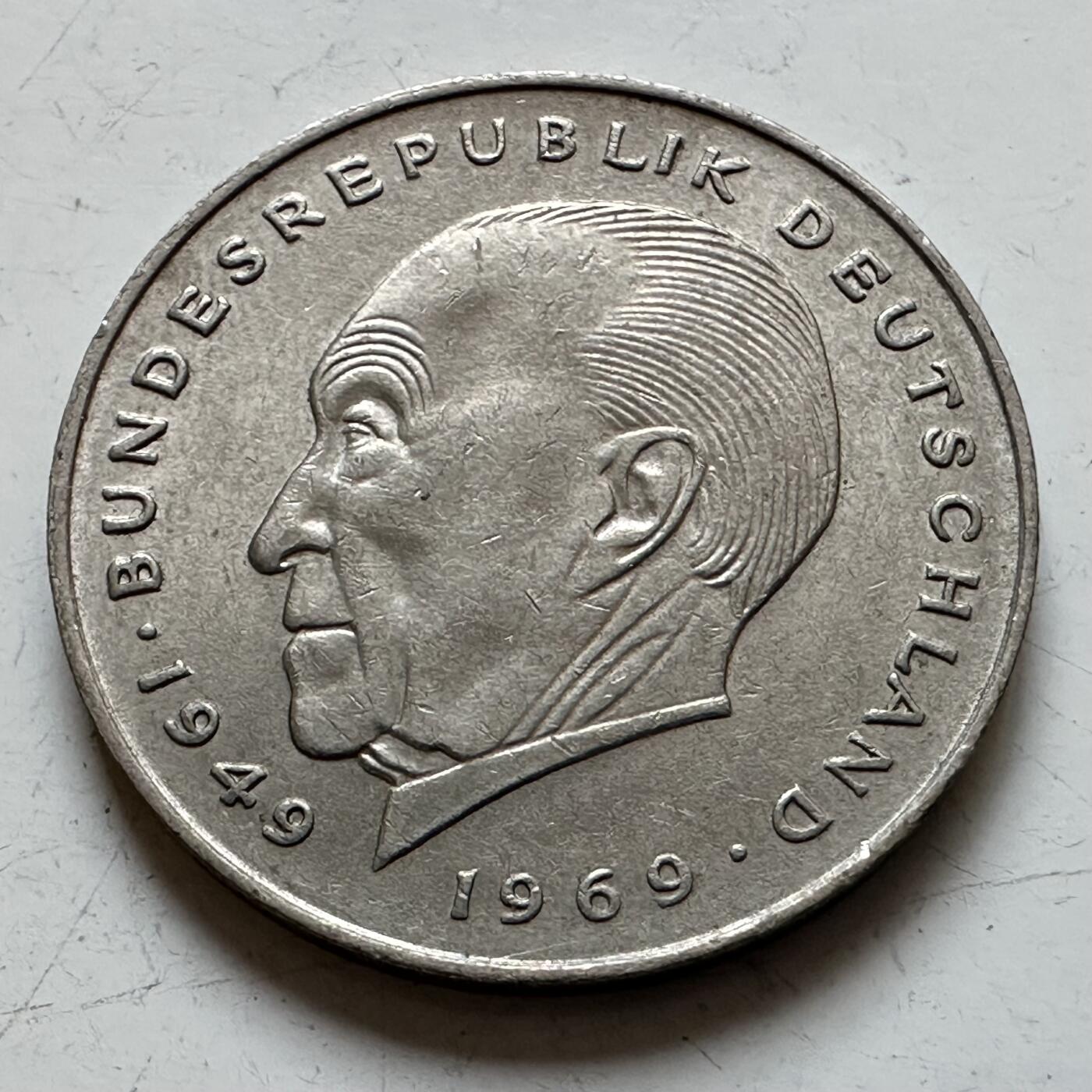 🌹外币初藏🌹🐯2025年第140场  每周二四六晚8️⃣点 接代拍 德国1970年D版 2马克 阿登纳