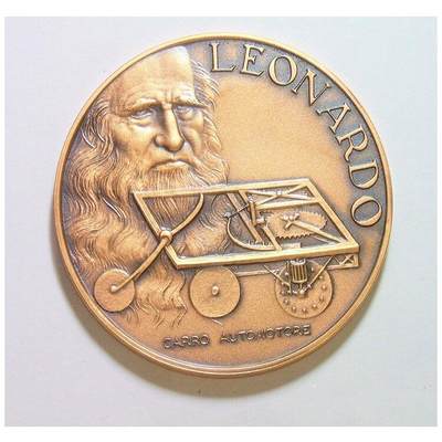 意大利科学家+画家达芬奇+达芬奇汽车 高浮雕精制大铜章 45MM - 意大利科学家+画家达芬奇+达芬奇汽车 高浮雕精制大铜章 45MM