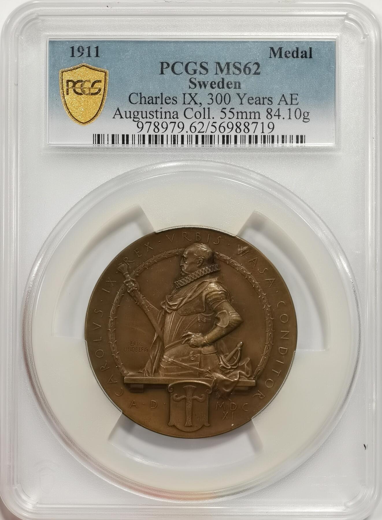 博洋堂世界钱币拍卖第151期（全场包邮） PCGS SP62 瑞典1911年纪念查尔斯9世大铜章，55mm极其厚重，名家旧藏！背面是捷克城市风景！PCGS加大盒子评级费就800多！！