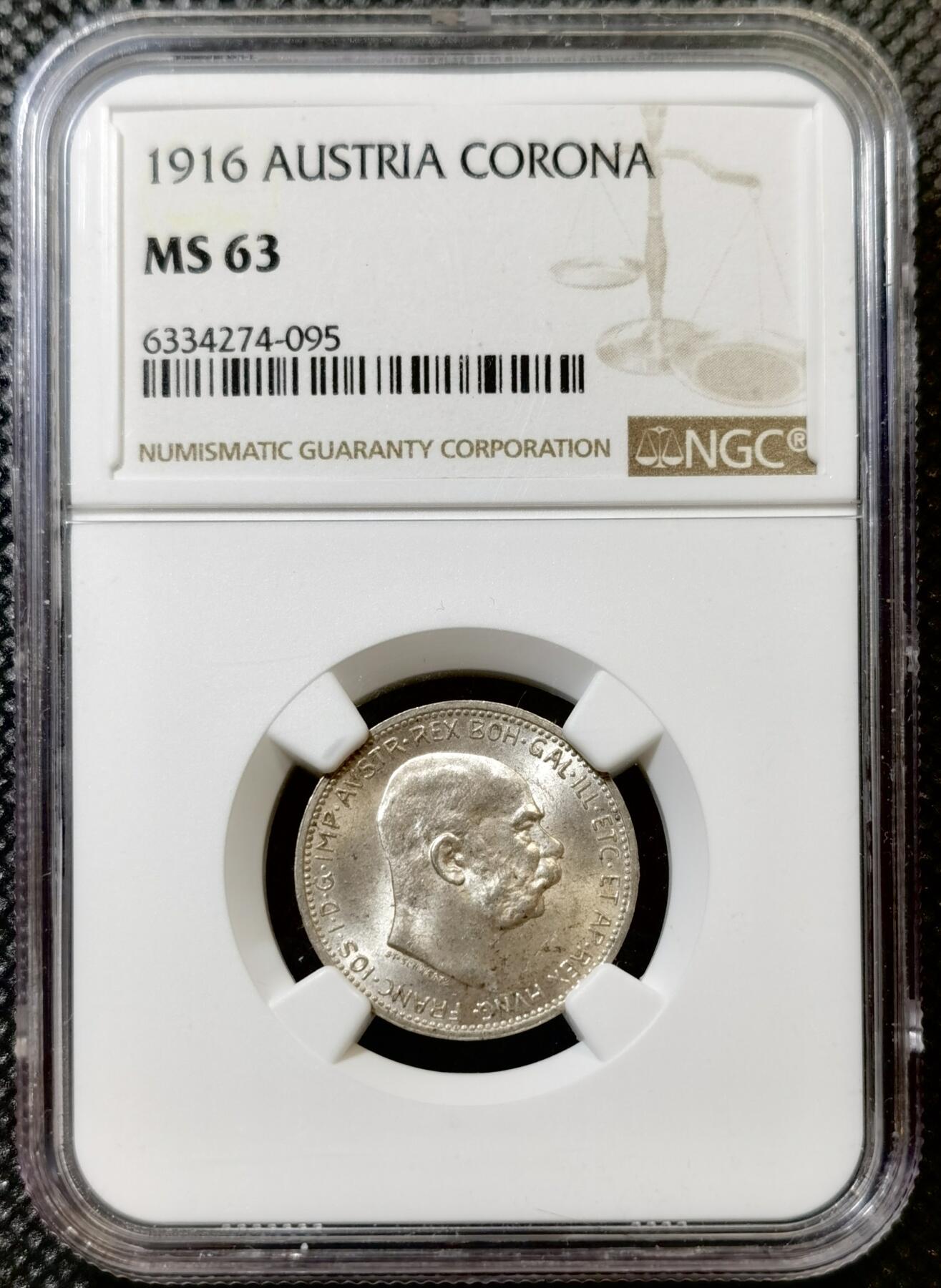 甄臻铺-世界币章拍卖（第43期）送拍享返佣金等优惠多多 NGC-MS63 奥地利1916年1克朗银币 高分车轮转光 弗朗茨约瑟夫一世 皇后是大名鼎鼎的茜茜公主