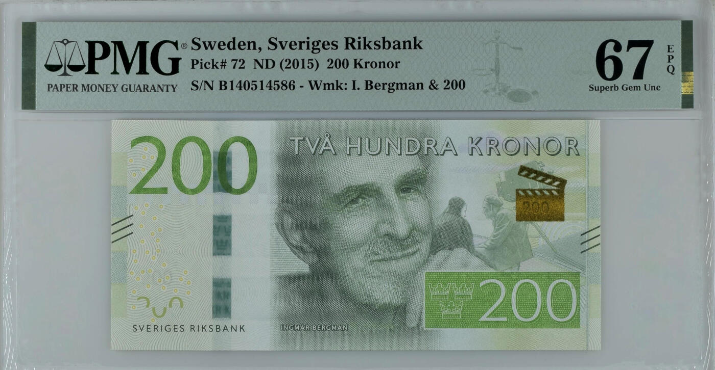 《艾美收藏》第224期-12.14周日外币超白金场 瑞典2015年200克朗PMG67E亚军分 电影戏剧以及歌剧导演英格玛·柏格曼