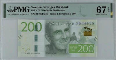 《艾美收藏》第224期-12.14周日外币超白金场 - 瑞典2015年200克朗PMG67E亚军分 电影戏剧以及歌剧导演英格玛·柏格曼