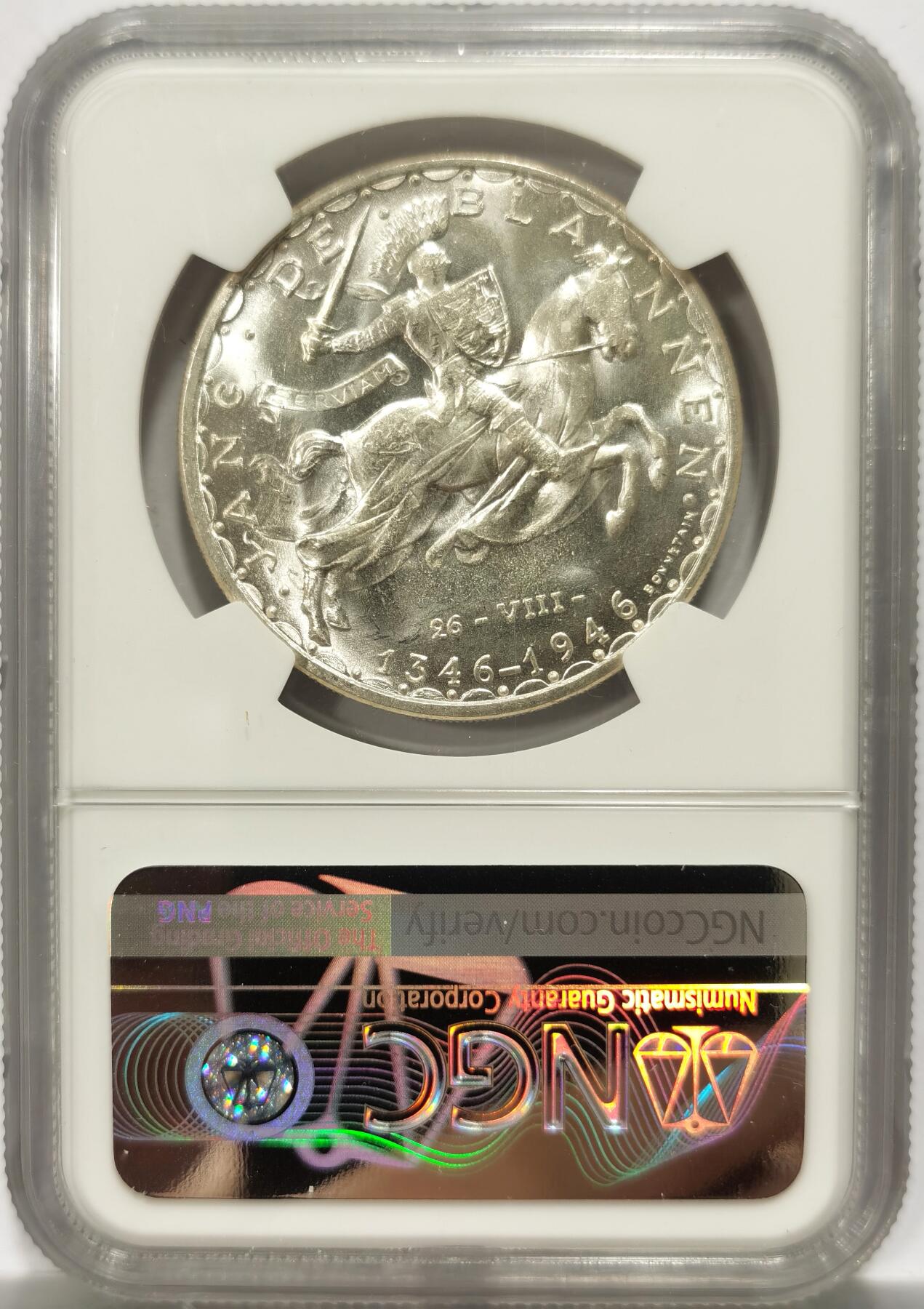 博洋堂世界钱币拍卖第151期（全场包邮） NGC MS64 卢森堡1946年盲人约翰战死600周年纪念100法朗马剑银币，银光闪闪，币面清爽干净又舒适，转光强烈细节优秀，状态极佳。