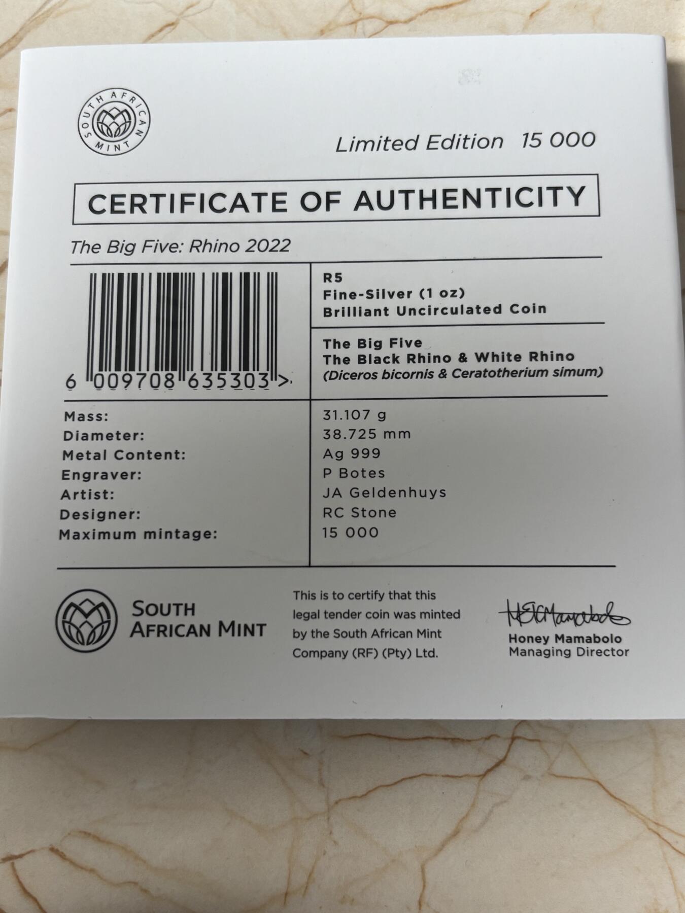 第185期拍卖 卡装南非2022年非洲五霸犀牛1盎司纪念普制银币，999银，发行15000枚