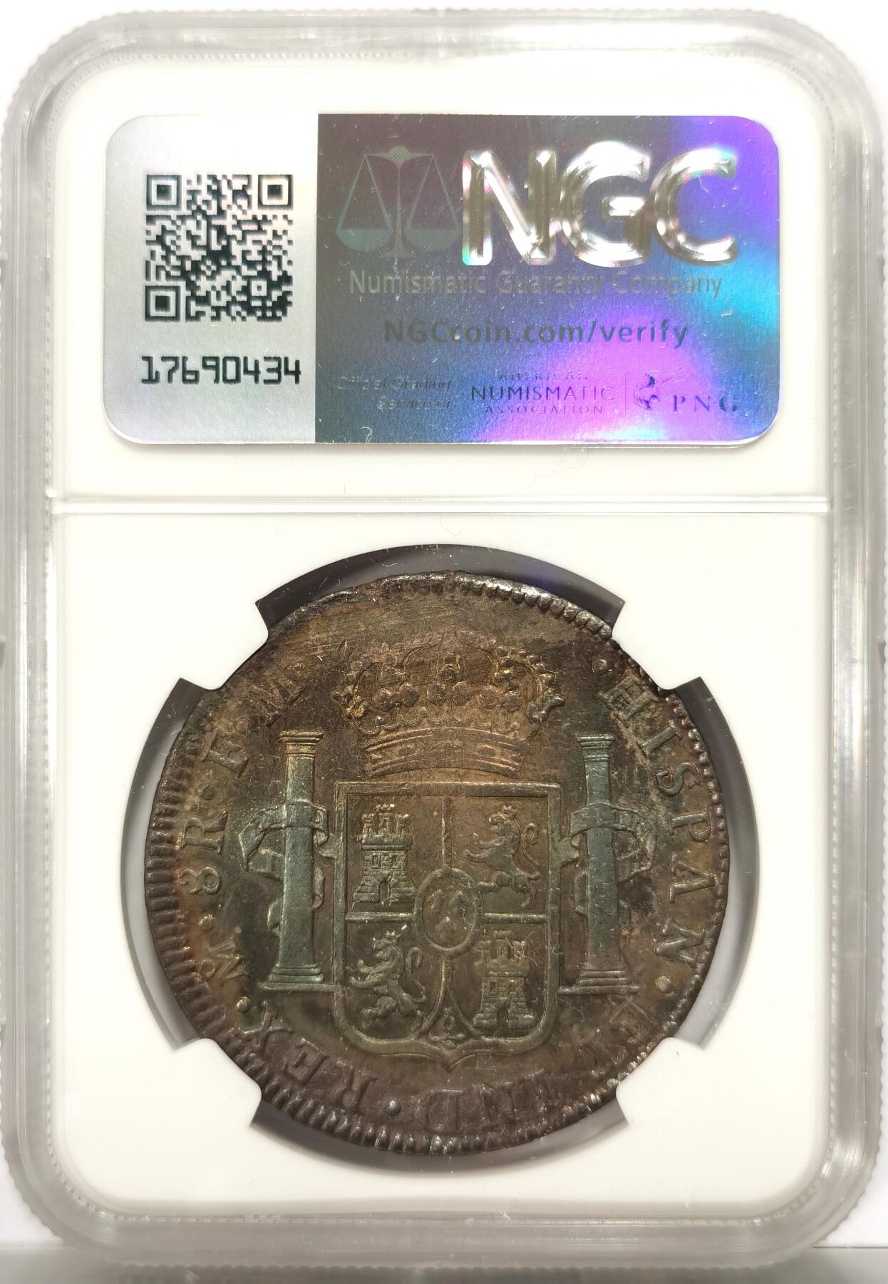 博洋堂世界钱币拍卖第151期（全场包邮） NGC AU 西属墨西哥1798年MO FM卡洛斯四世双柱银币，炫彩包浆