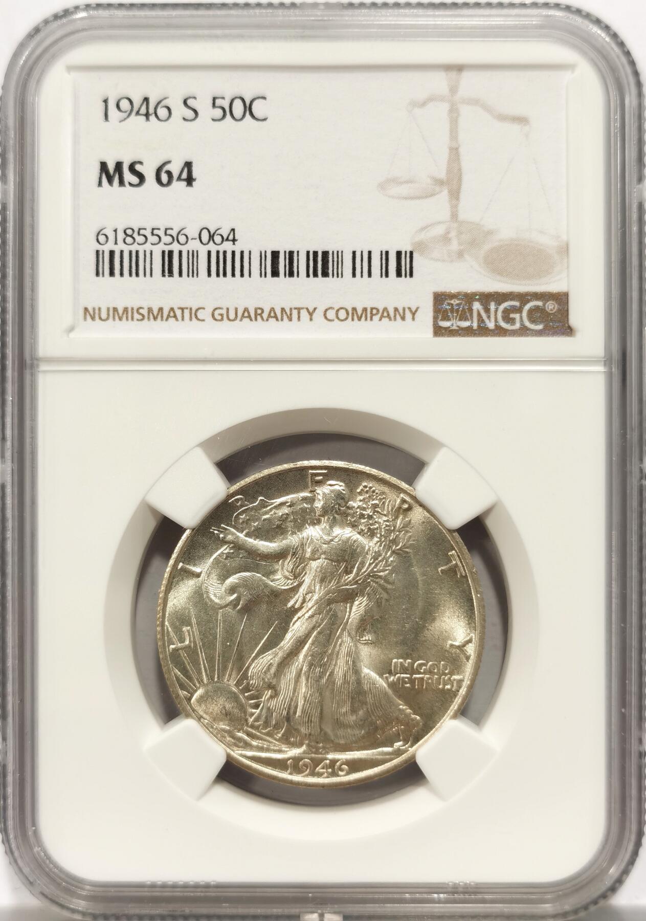 博洋堂世界钱币拍卖第151期（全场包邮） NGC MS64 美国1946年行走女神半圆银币