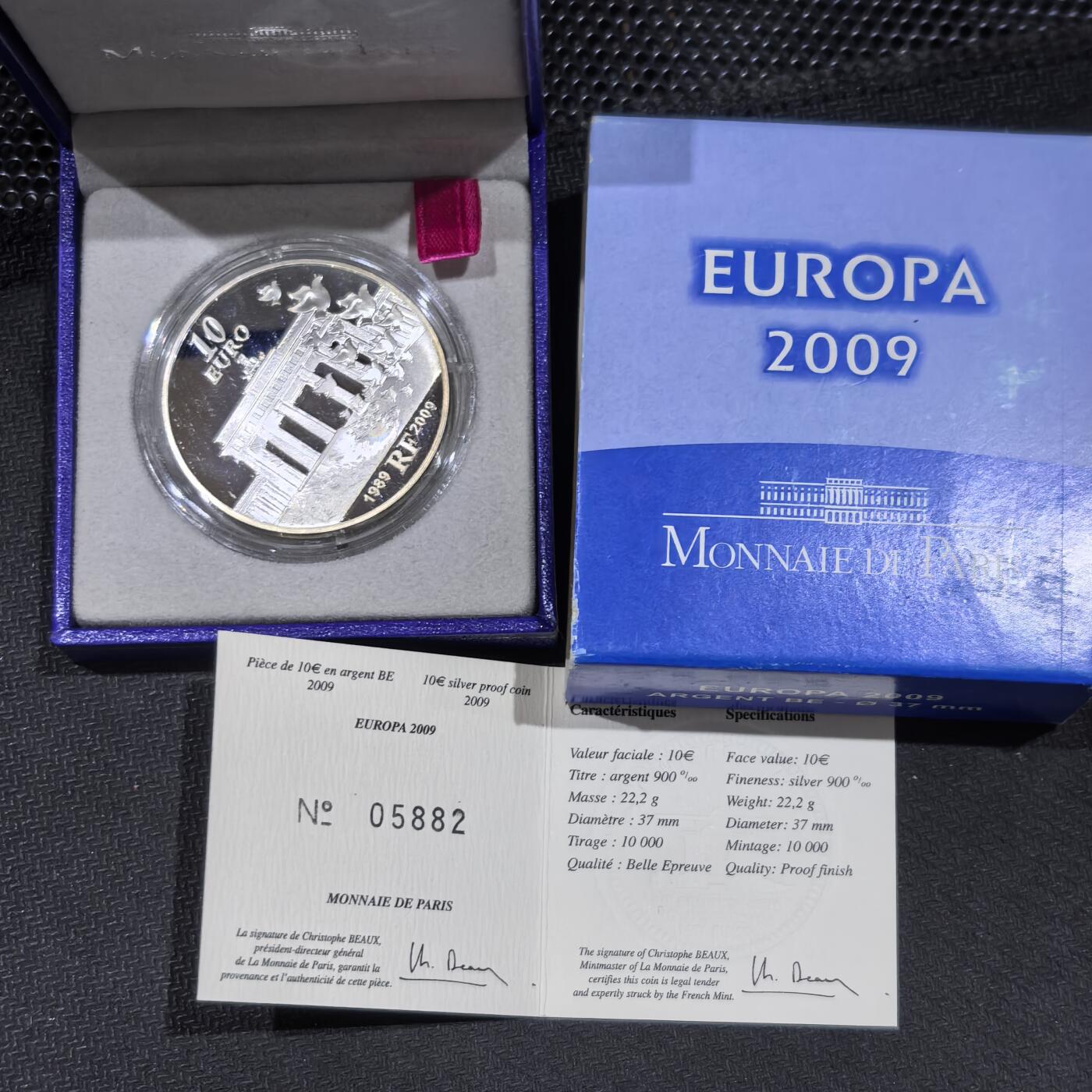 道一币馆币章第一百五十八场 原盒证 法国2009年柏林墙倒塌20周年10欧元银币