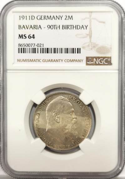 博洋堂世界钱币拍卖第151期（全场包邮） - NGC MS64 德国巴伐利亚1911年柳特波德寿辰纪念2马克银币