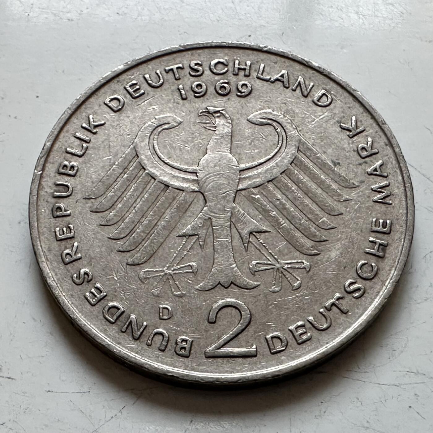 🌹外币初藏🌹🐯2025年第140场  每周二四六晚8️⃣点 接代拍 德国1969年D版 2马克 西德首任总理阿登纳