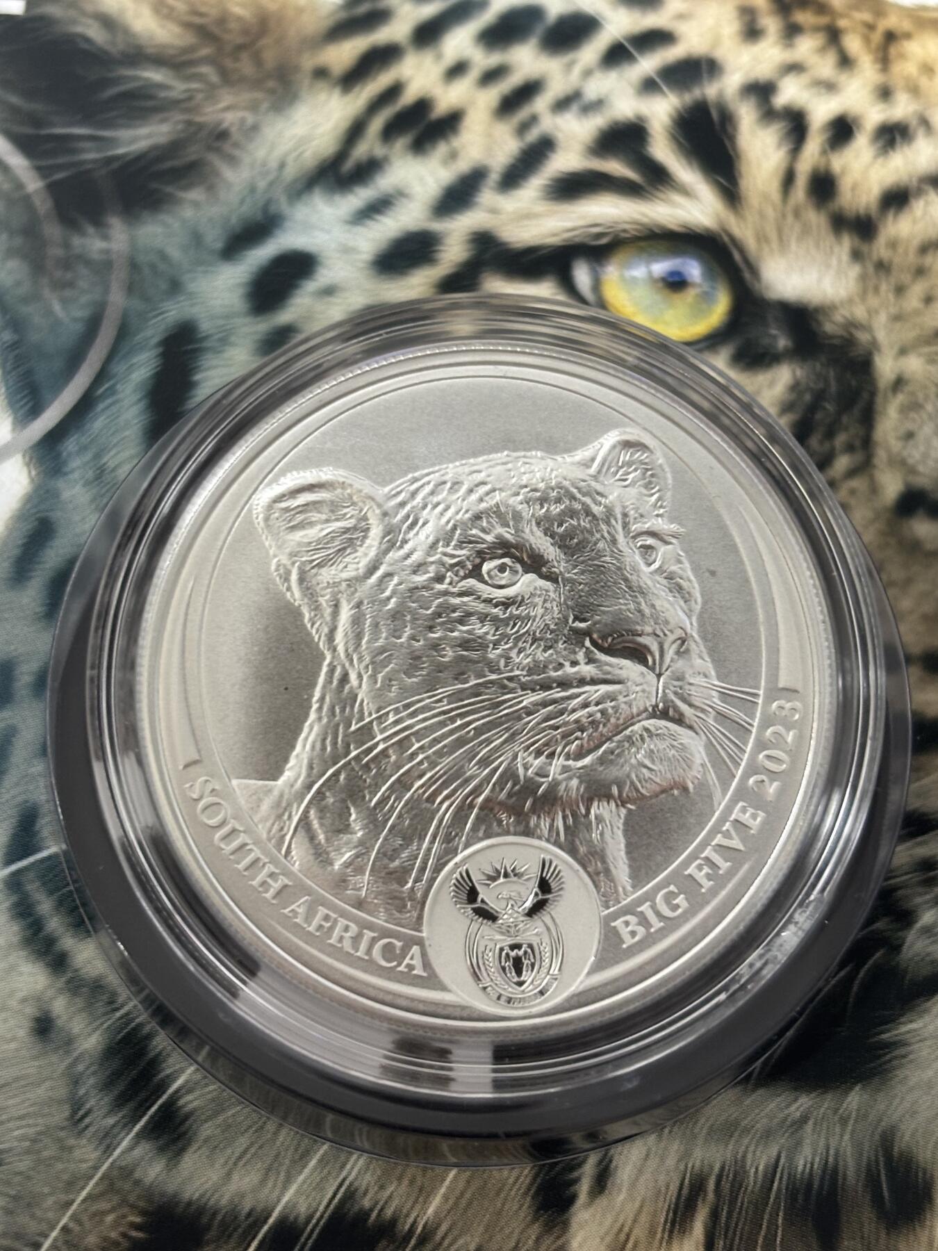 第185期拍卖 卡装南非2023年非洲五霸系列豹子1盎司纪念银币，999银，发行20000枚