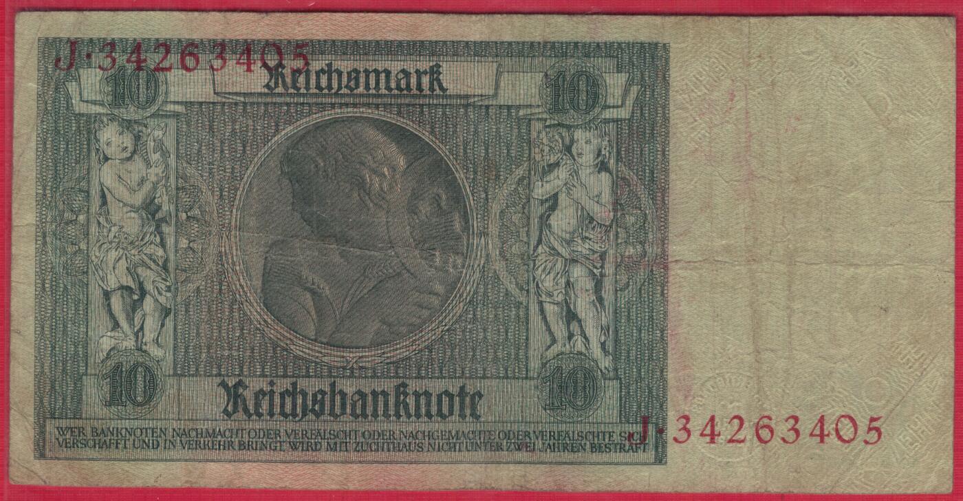 德国1929年10马克 P-180a 头像水印 加盖字母K 实物图 八五品 