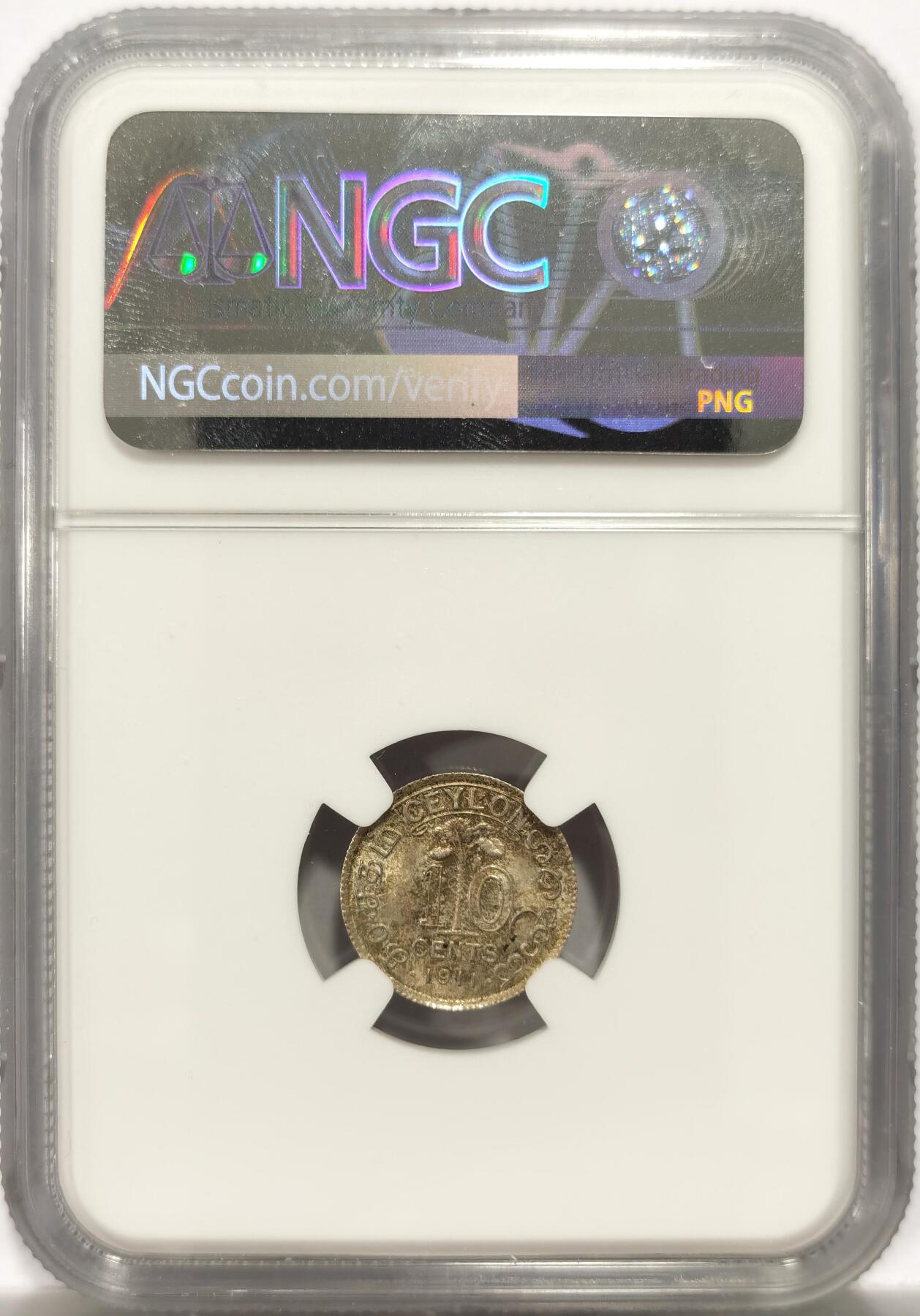 博洋堂世界钱币拍卖第151期（全场包邮） NGC MS64 冠军分！锡兰乔治五世1911年10分银币，加冕年，淡彩美品，很少见的品种。
