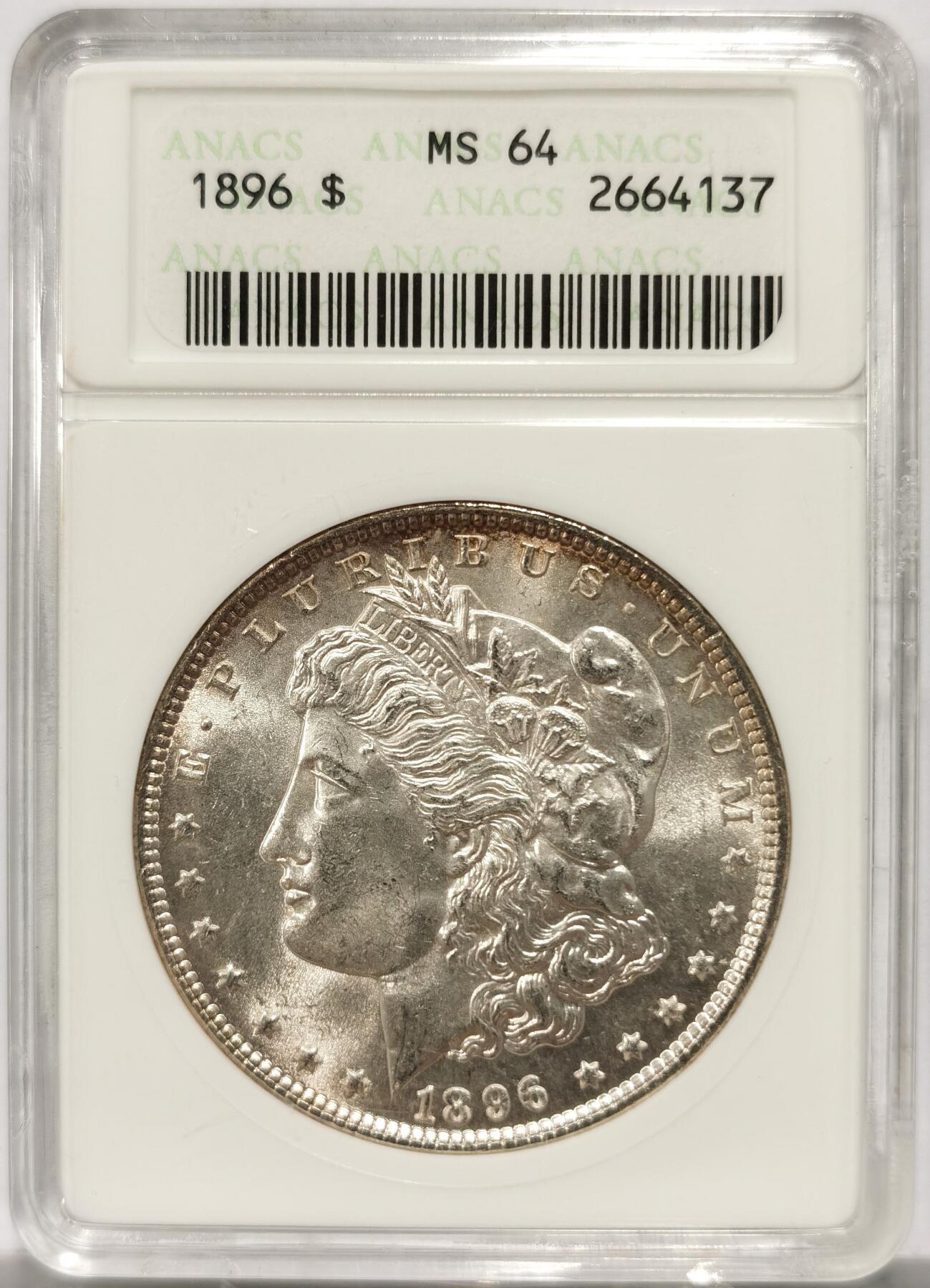 博洋堂世界钱币拍卖第151期（全场包邮） ANACS MS64 美国1896年摩根一元银币 原银强霜光 打制优异 Zippo小白盒 品质保证 手感极佳