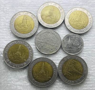 文馨钱币收藏第 284 场，【 长期接收代拍品】老藏家拍品南朝鲜李承晚时期货币，泰国大型纪念币，土耳其各时期及各国套币场 - 好品泰国纪念币 8 枚，包含 6 枚 10 株双色纪念币