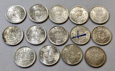 甄臻铺-世界币章拍卖（第43期）送拍享返佣金等优惠多多 - 14枚澳门1952年第一版厚5元大银币 UNC- BU极美品（第三组），细节见图