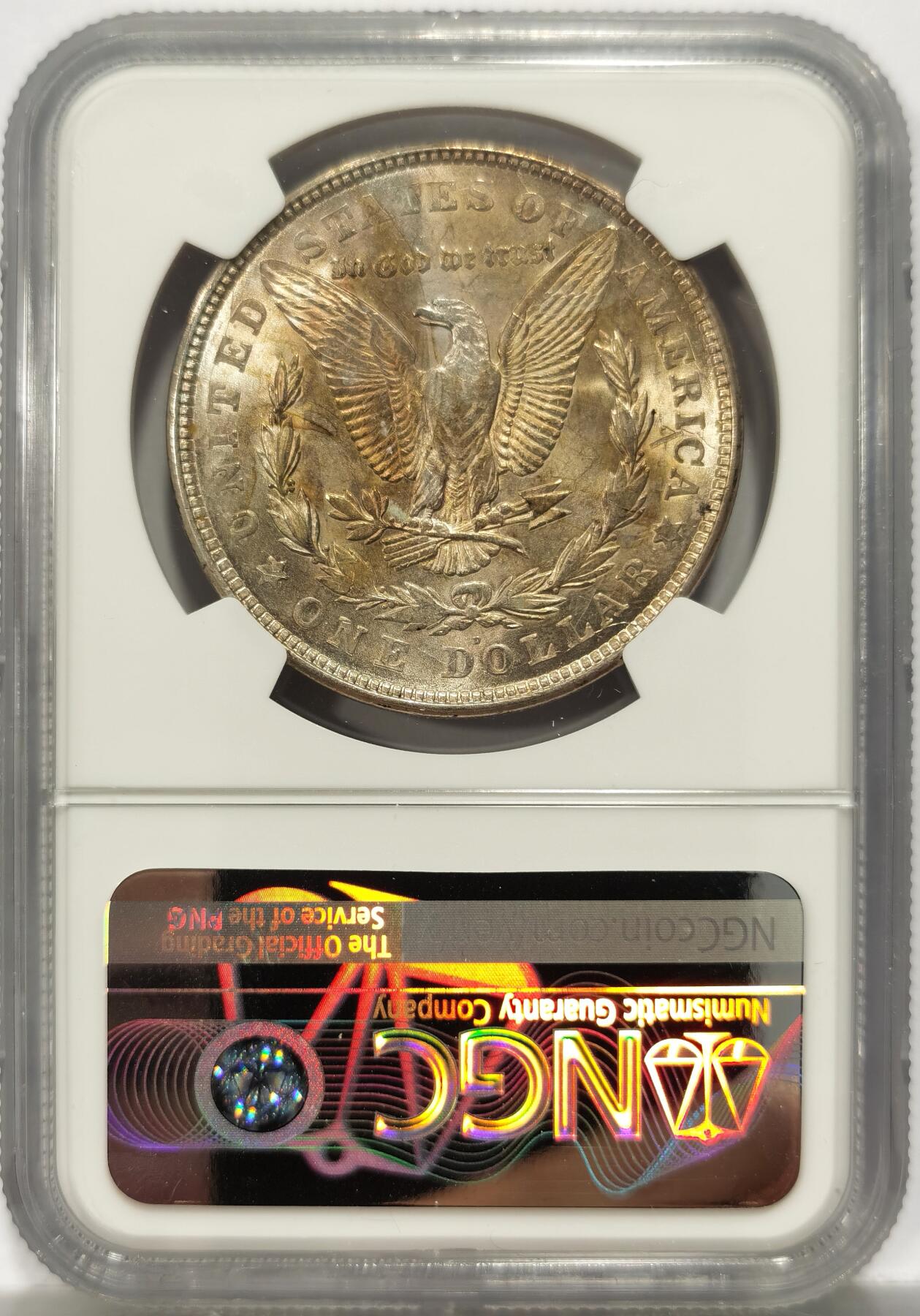 博洋堂世界钱币拍卖第151期（全场包邮） NGC MS63 美国1921年D版摩根银币，少见版别，淡金彩包浆，转光耀眼，好品少见。