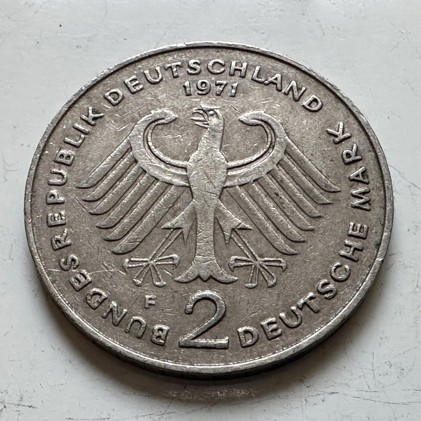 🌹外币初藏🌹🐯2025年第140场  每周二四六晚8️⃣点 接代拍 德国1971年F版 2马克 西德首任总统库尔特.豪斯