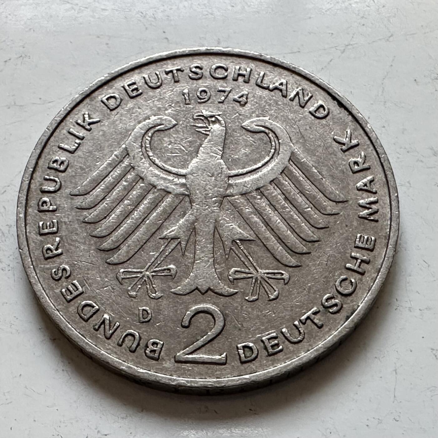 🌹外币初藏🌹🐯2025年第140场  每周二四六晚8️⃣点 接代拍 德国1974年D版 2马克 阿登纳