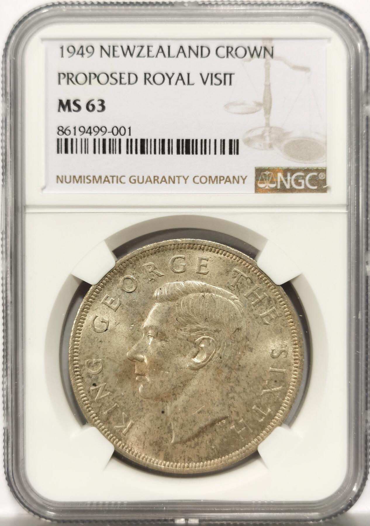 博洋堂世界钱币拍卖第151期（全场包邮） NGC MS63 新西兰1949年乔治六世克朗银币 淡黄油包浆，车轮光好品。