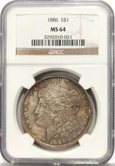 博洋堂世界钱币拍卖第151期（全场包邮） - NGC MS64 美国1886年摩根银元，双面彩浆，金青色十分漂亮