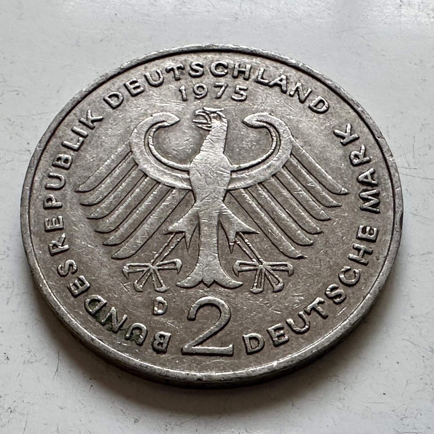 🌹外币初藏🌹🐯2025年第140场  每周二四六晚8️⃣点 接代拍 德国1975年D版 2马克 阿登纳